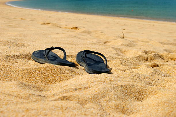 istock Beach Summer Seascape, Jandals in golden sand 483857917