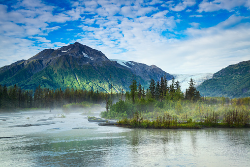 Incredible landscape in foggy morning of Ghugach forest in Kenai peninsula of Alaska, USA. Exit Glacier on background.