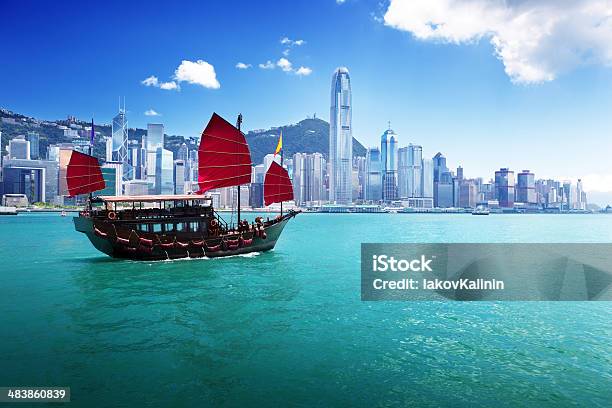 Classic Sailboat In Hong Kong Harbor Stock Photo - Download Image Now - Hong Kong, Urban Skyline, China - East Asia