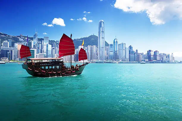 The Hong Kong skyline from the harbor at daytime.  The water is blue-green, and a traditional Chinese junk ship with square red sails is in the water in the foreground.  The buildings in the skyline are of various heights and mostly white in front of a hillside covered with smaller buildings under a blue sky.