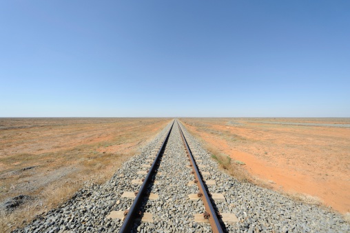 Looking west along the railway leading from Broken Hill to Peterborough in South Australia with the barren Outback around