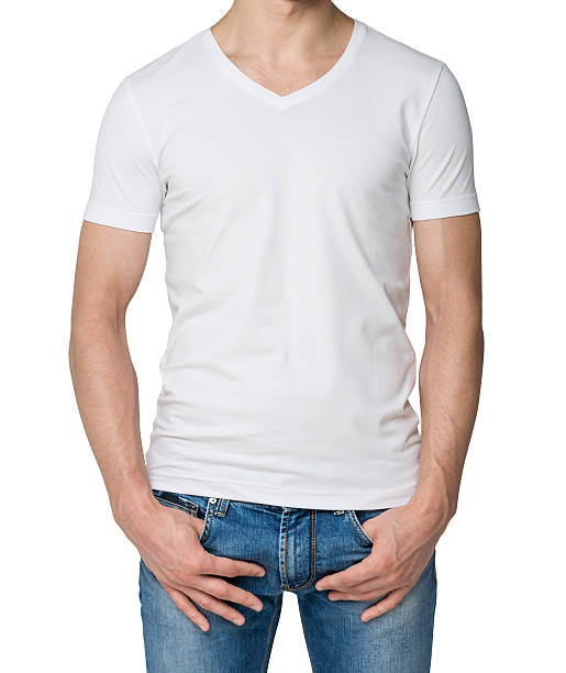 istock man in a white V shape t-shirt, hands in pockets. 483865346