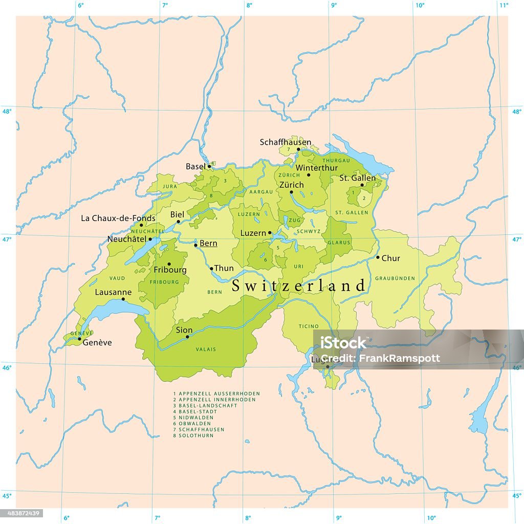 Svizzera mappa vettoriale - arte vettoriale royalty-free di Carta geografica