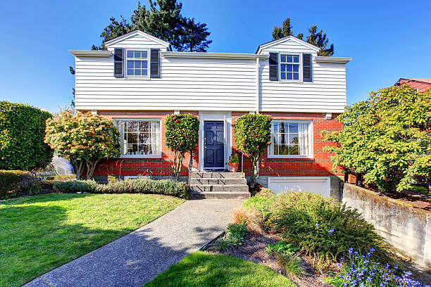 istock Great northwest home with brick exterior, and walkway. 483873452