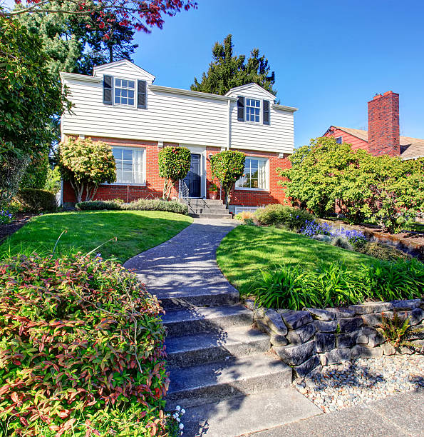 istock Great northwest home with brick exterior, and walkway. 483873462