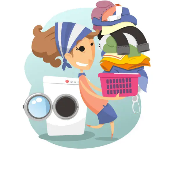Vector illustration of Laudry Woman washing clothes domestic life laundromat