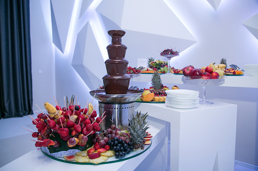 Colorful fruit salads on buffet table