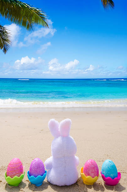 istock Easter bunny and color eggs on the beach 483874623
