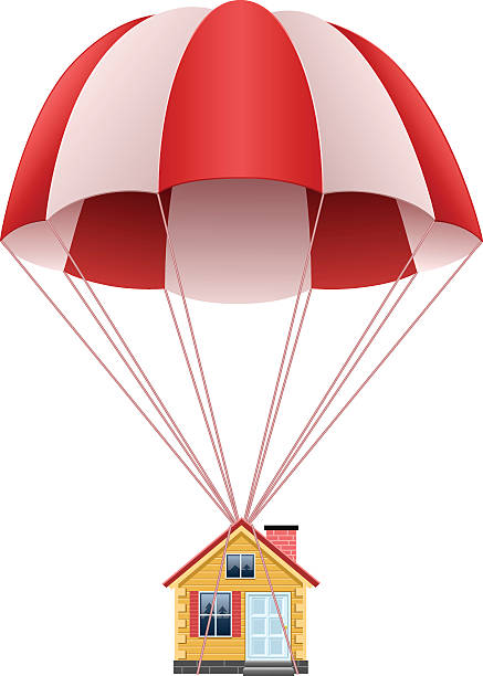 ilustraciones, imágenes clip art, dibujos animados e iconos de stock de paracaídas con house - paracaidismo