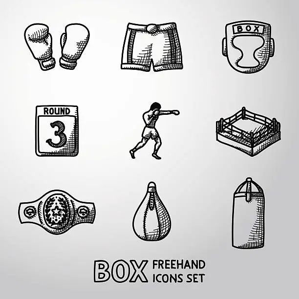 Vector illustration of Set of boxing hand drawn icons - gloves, shorts, helmet