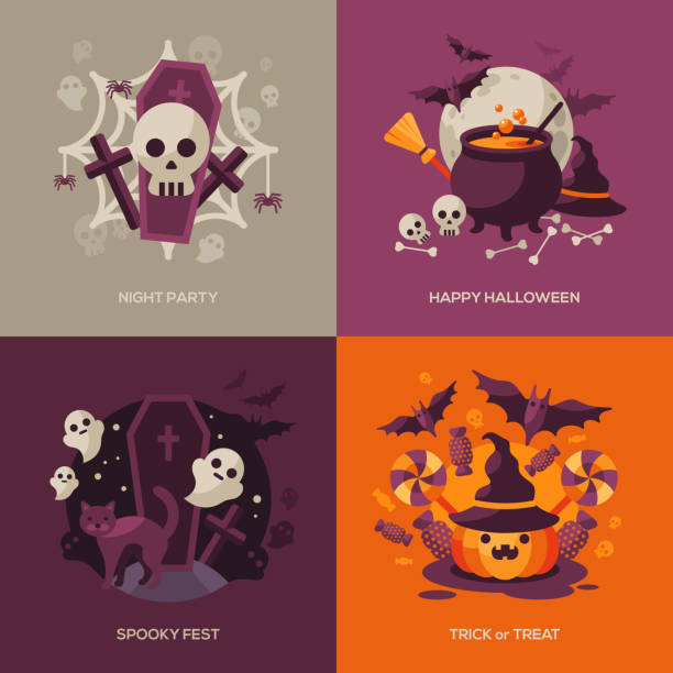 Set of Halloween Concepts. Vector Illustration. Set of Halloween Concepts. Vector Illustration. Orange Pumpkin and Spider Web, Witch Hat and Cauldron, Skull and Crossbones. Halloween Night Party. Trick or Treat. cauldron stock illustrations