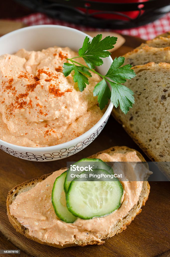 Korozott - hungarian paste with cheese and red pepper powder Korozott - hungarian paste with cottage cheese and red pepper powder 2015 Stock Photo