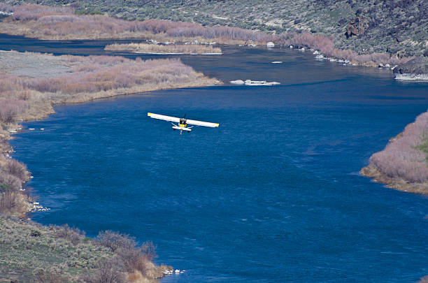 gelbe und weiße passagierflugzeug fliegen über den canyon - snake river canyon stock-fotos und bilder