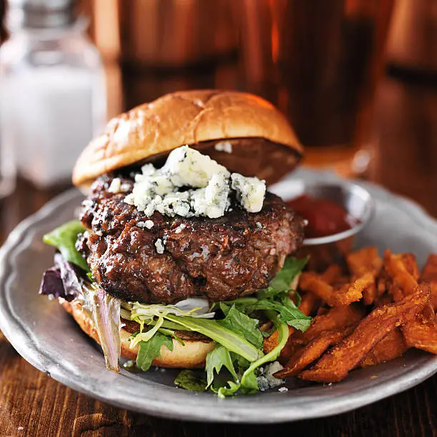 Photo of gourmet burger with blue cheese