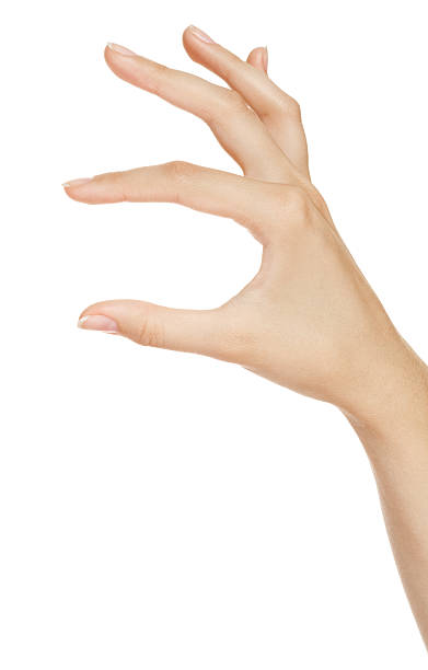 istock woman hand measuring invisible items. Isolated on white. 483879453