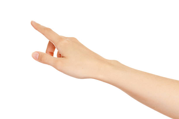 istock Woman hand touching virtual screen. Isolated on white. 483879459