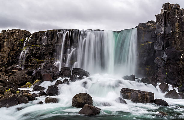 Oxararfoss waterfall in Pingvellir national park in Iceland stock photo