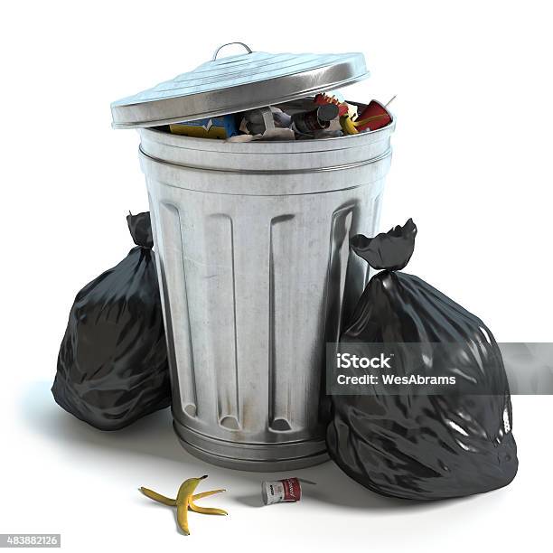 Garbage Can And Bags Stock Photo - Download Image Now - Wastepaper Basket, Garbage Can, Metal