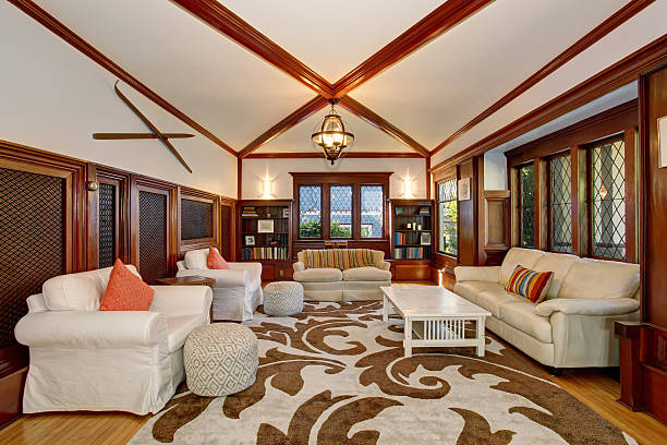 istock Authenic living room with brown and white decorative rug. 483882202