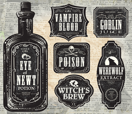 Set of  Hallowe'en printable black and white labels with bottle