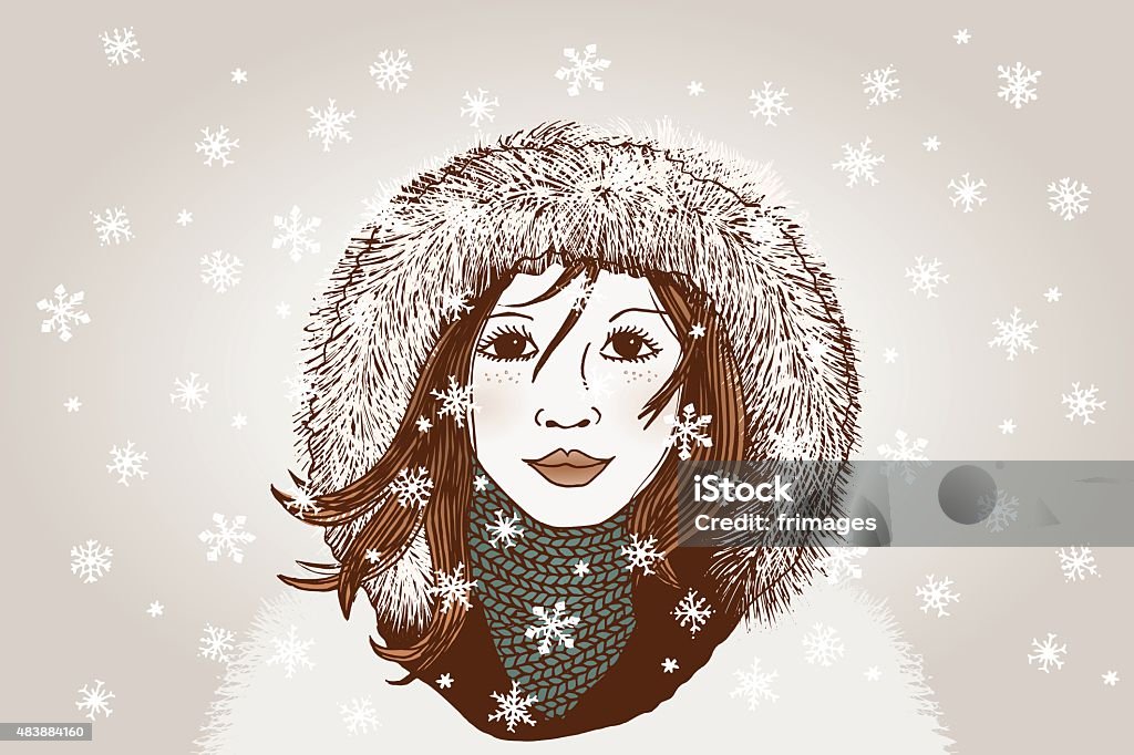 Winter girl Hand drawn illustration of a girl with hoody in winter 2015 stock vector