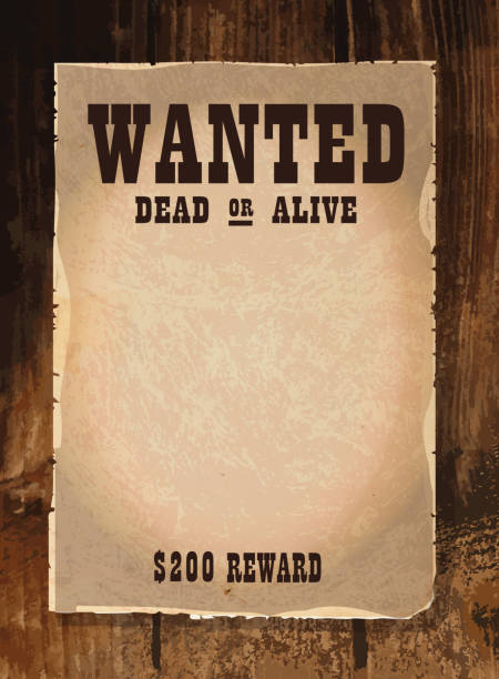 Vector antique 'Wanted' poster design template with copy space Textured vector illustration of a 'Wanted' poster. Wild west, Billy the kid, country and western, criminal, poster design, advertisement. Textured background, Copy space. Country time. Wedding invitation. Sepia and brown warm tones. Advertisement, announcements. Full size 8.5 x 11". Download includes Illustrator 10 eps with transparencies, high resolution jpg and png file. desire stock illustrations