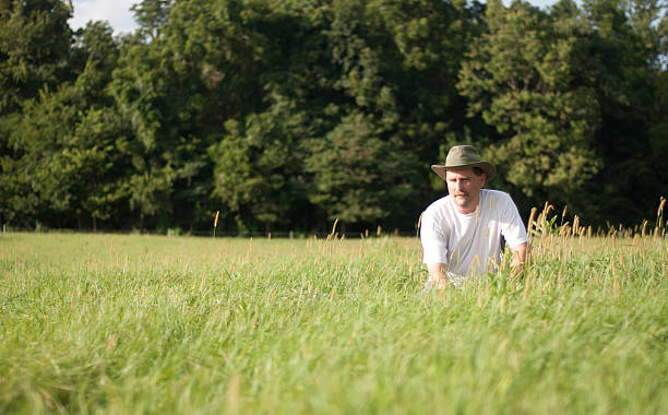 Man kneeling inspecting a grass field stock photo
