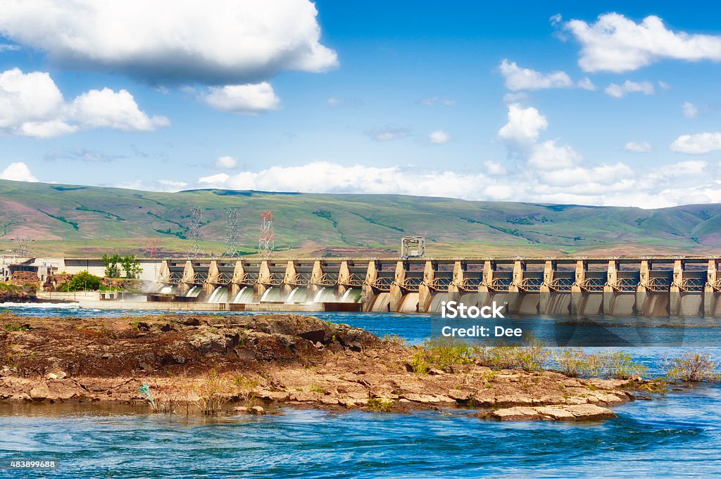 The Dalles Dam on the Columbia River The Dalles Dam spanning the Columbia River construction began in 1952 and went into operation in 1957 where it flooded Celilo Falls, and a native settlement named Celilo after the falls. Dam Stock Photo