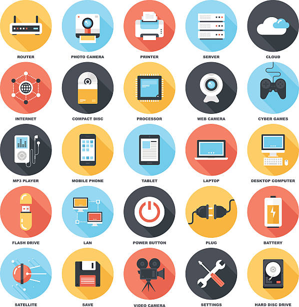 Technology icons Abstract vector set of colorful flat technology and hardware icons with long shadow. Creative concepts and design elements for mobile and web applications. hard drive photos stock illustrations