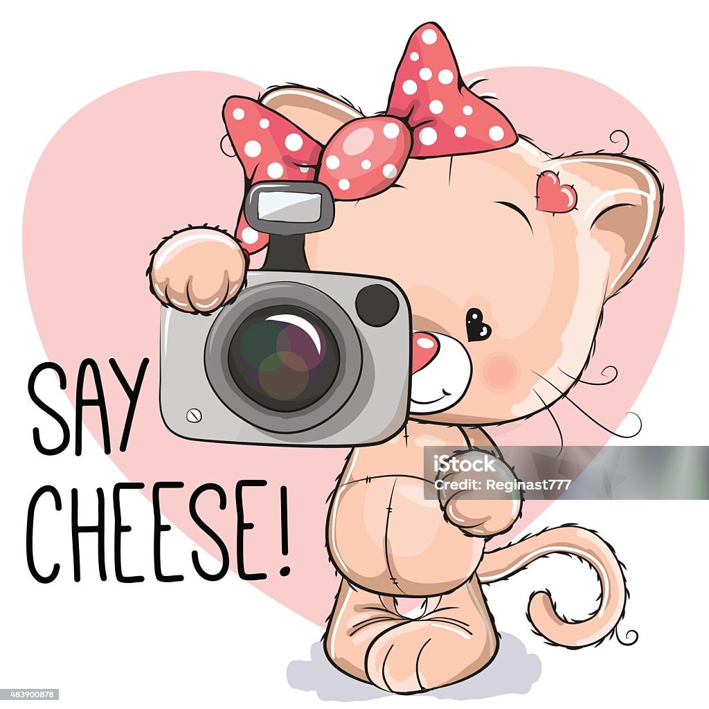 Cat with a camera Cute cartoon cat girl with a camera on a gray background 2015 stock vector