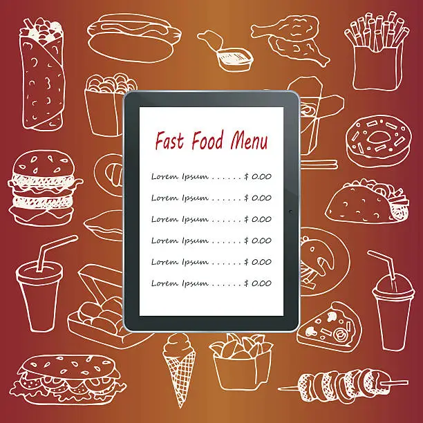 Vector illustration of Fast Food menu with hand drawn doodle elements and tablet