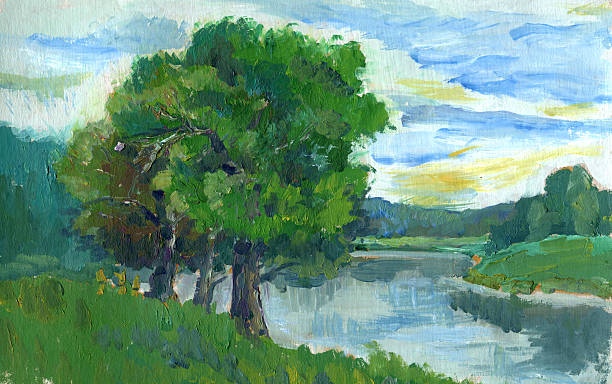 istock tree on the shore lake in the summer painting 483905088