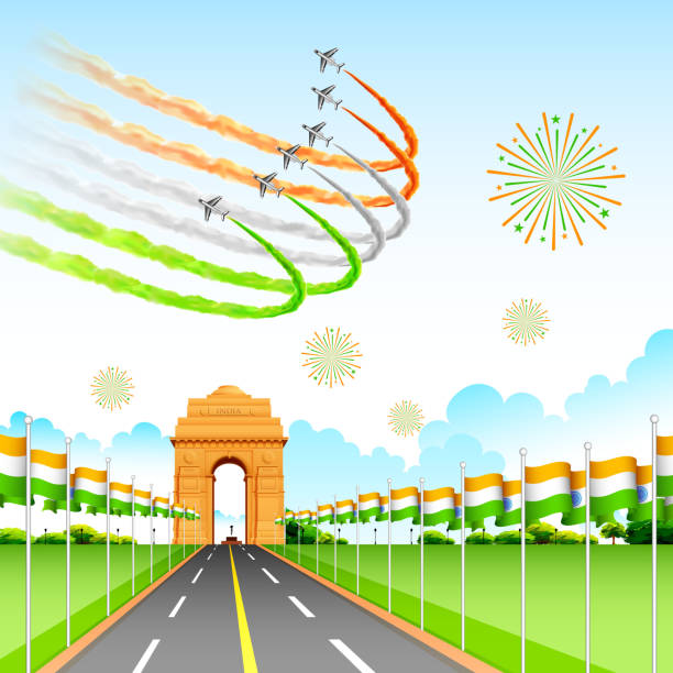 samolot co indyjskich tricolor flag wokół brama indii - india gate delhi new delhi stock illustrations