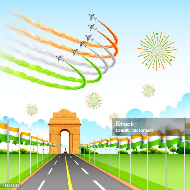 Airplane Making Indian Tricolor Flag Around India Gate Stock Illustration - Download Image Now