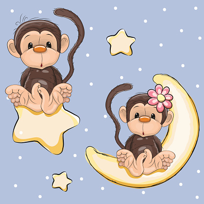 Valentine card with Lovers Monkeys on a moon and star