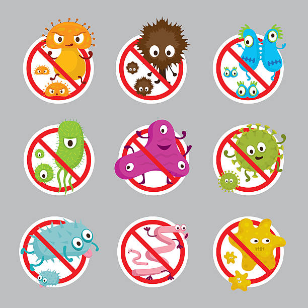 귀여운 세균 자 금지 표지판 - virus computer bug flu virus bacterium stock illustrations