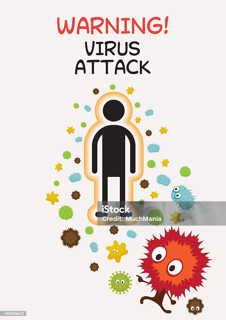 Warning Sign Virus Attack Human Bacteria, Virus, Microbe, Pathogen Characters Antibody stock vector