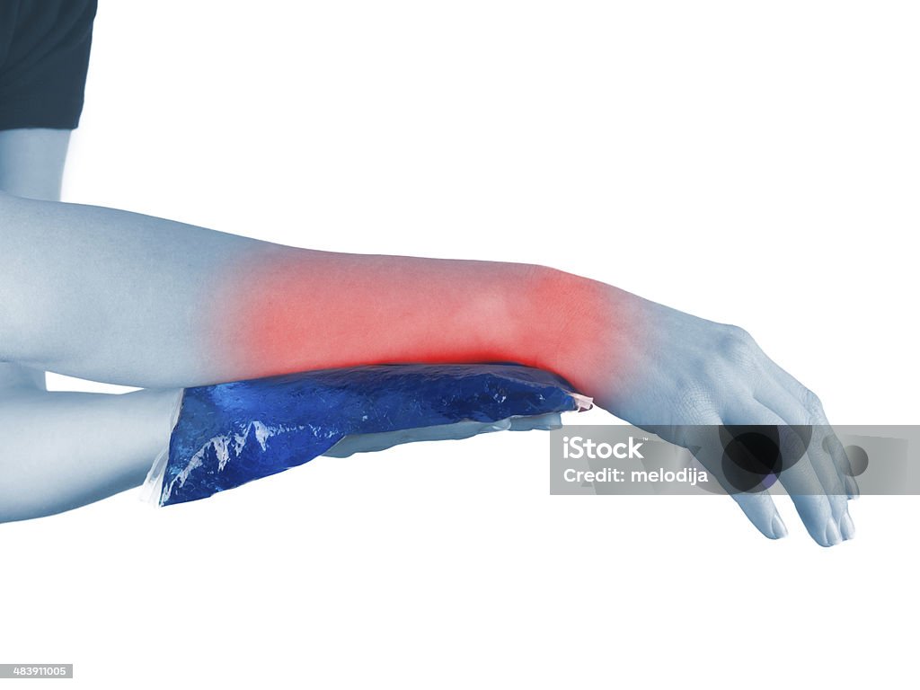 Cool gel pack on a swollen hurting wrist. Cool gel pack on a swollen hurting wrist. Medical concept photo. Adult Stock Photo