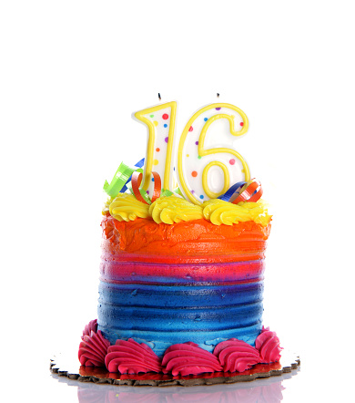 A colorful birthday cake on a white background with an 