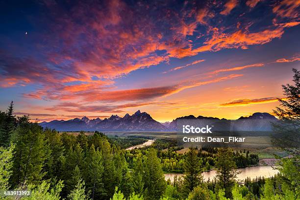 Estate Tramonto Sul Fiume Snake Point - Fotografie stock e altre immagini di Wyoming - Wyoming, Parco Nazionale, Parco Nazionale del Grand Teton