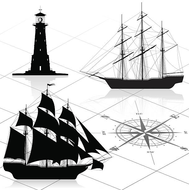 ilustrações de stock, clip art, desenhos animados e ícones de conjunto de elementos de design náutico (navios, farol, rosa-dos-ventos - drawing compass compass rose direction sea