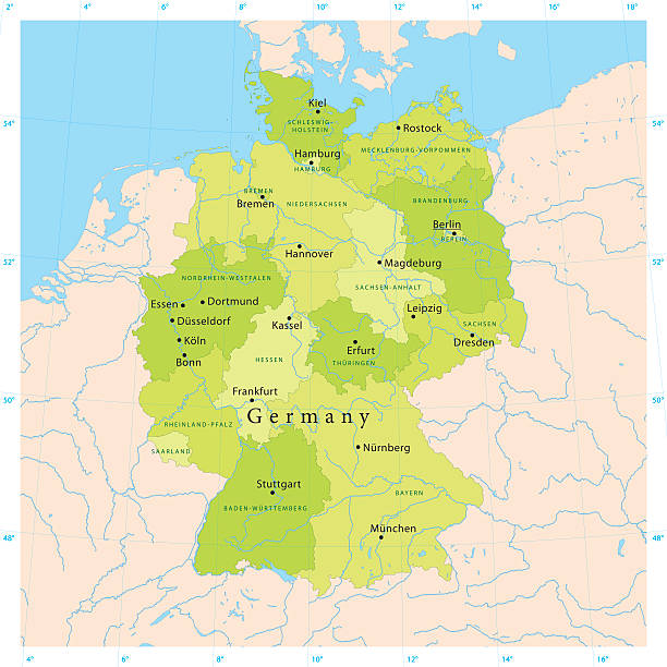 Germany Vector Map Highly detailed vector map of the Federal Republic of Germany. File was created on July 4, 2011. The colors in the .eps-file are ready for print (CMYK). Included files: EPS (v8) and Hi-Res JPG. germany map regions stock illustrations
