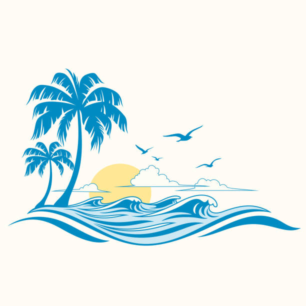 ilustrações, clipart, desenhos animados e ícones de fundo de verão - wave island palm tree sea