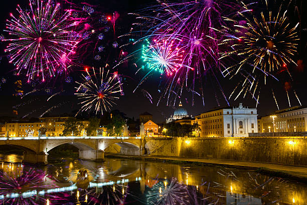 istock Celebratory fireworks over bridge Vittorio Emmanuel through Tiber. Italy. Rome. 483929108