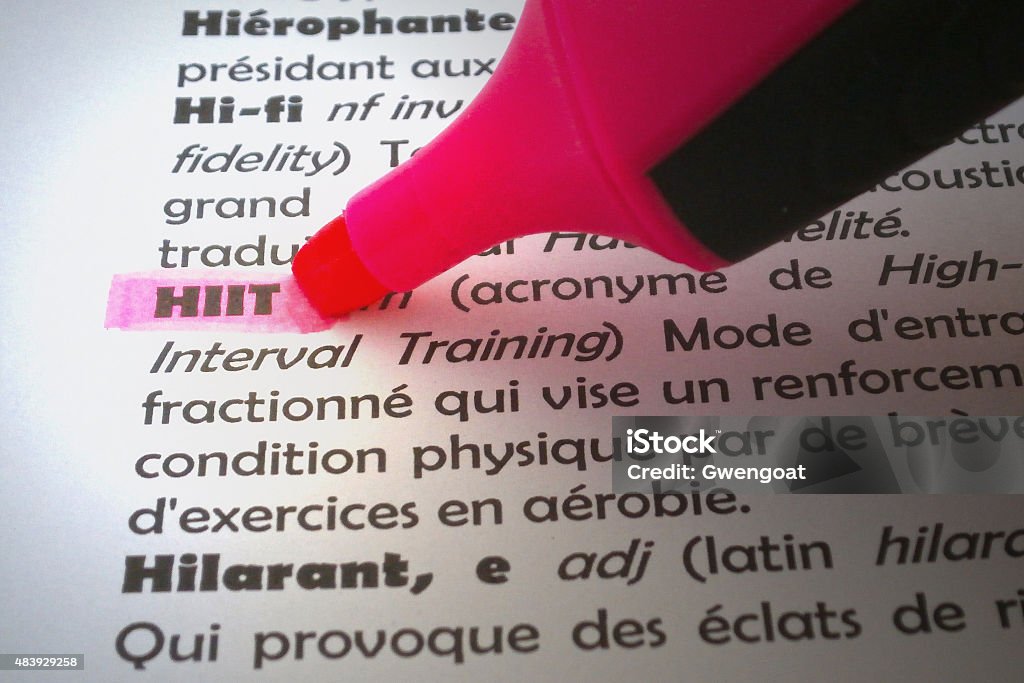 HIIT highlighted in dictionary Definition of the acronym “ High-intensity interval training Stock Photo