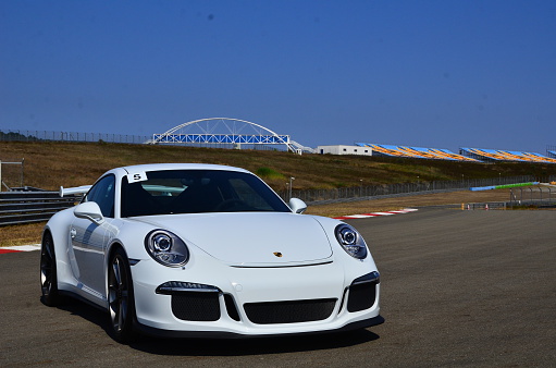Istanbul, Turkey-July 30, 2015: Porsche GT3 parked on race track short-cut area.That has ready for track race.