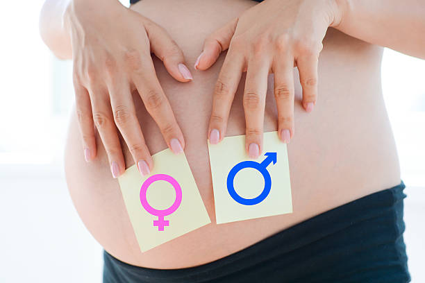 boy or girl questions dilemma on pregnancy belly stock photo