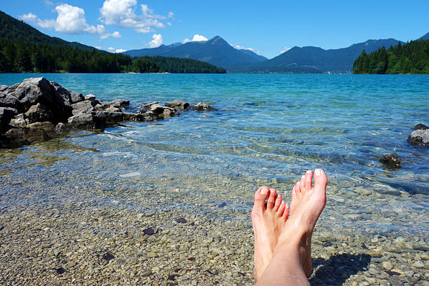 rilassante al walchensee, germania - human foot barefoot sole of foot human toe foto e immagini stock
