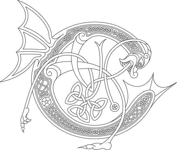 Ornamental celtic initial C drawing (Animal with endless knots) Celtic initial drawing of the letter C in black and white. This ornamental letter is based on a dragon with wings, arms, legs and endless knots (celtic knots). The shape of the letters refers to the unziale (medieval type form). Similar illustrations are known from the various illuminations in medieval, celtic books such as the "book of kells" and the "Lindisfarne gospels". celtic knot animals stock illustrations