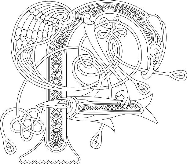 Vector illustration of Ornamental celtic initial F drawing (Animal with endless knots)